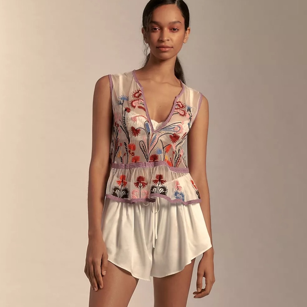 By Anthropologie Floral Embroidered Sheer Mesh Tank
